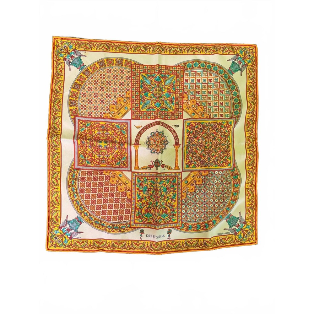 Hermes Ciels Byzantins Silk Scarf Julia Abadie Orange Gold 16.5in Square